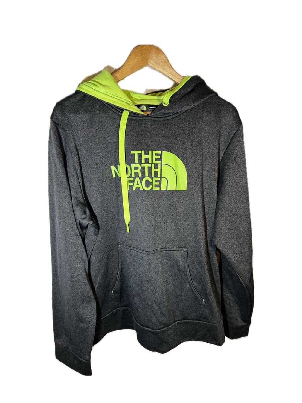 The North Face Men's Charcoal Hoodie with Neon Lime Logo